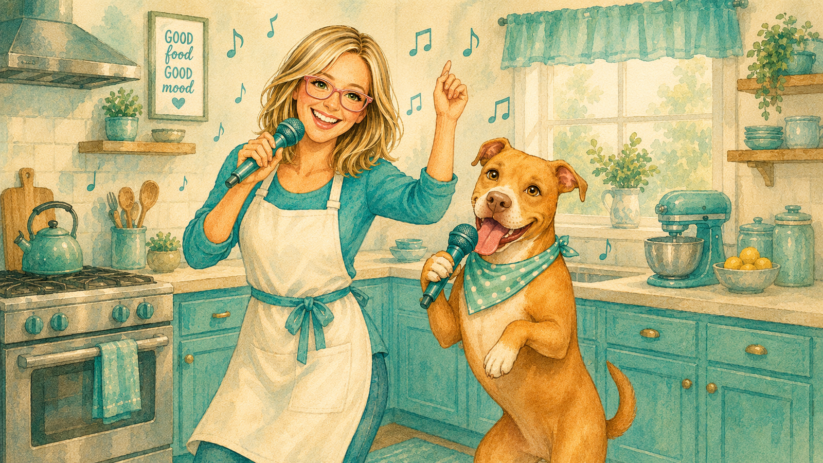 Rockell and Bella dancing and singing in the kitchen