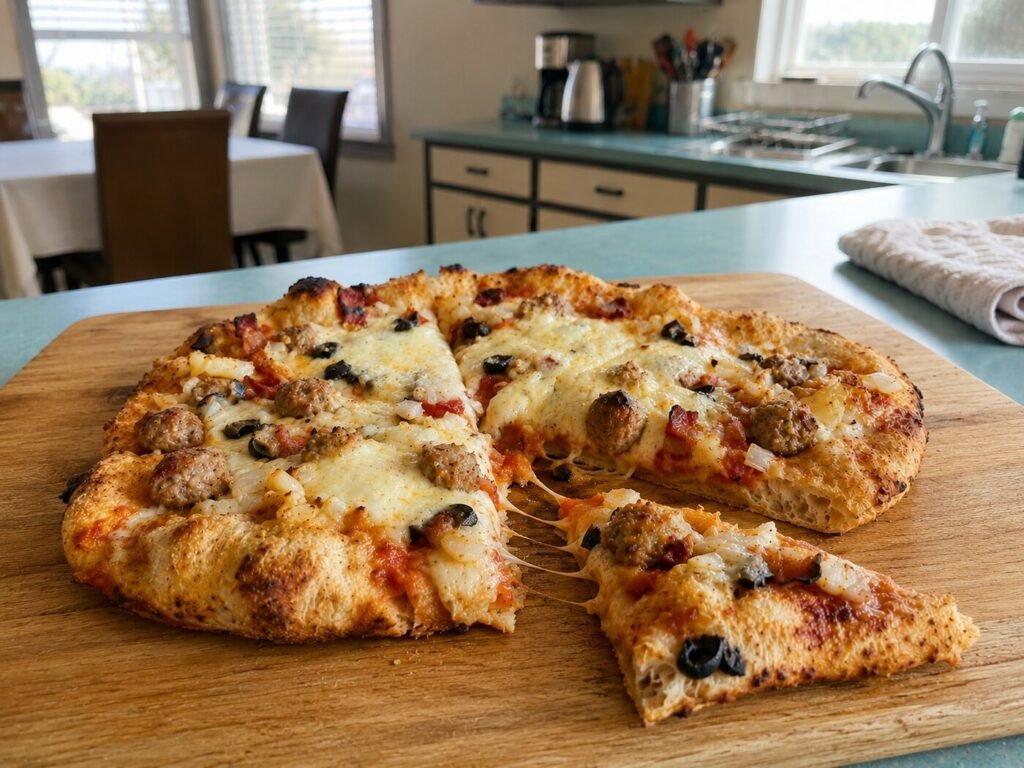 A rustic homemade pizza with a slice cut, on an aqua kitchen counter