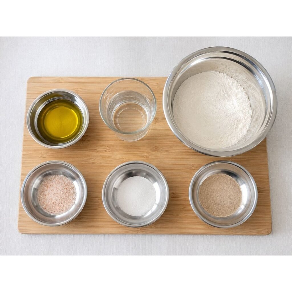 Ingredients for homemade pizza dough in small bowls: bread flour, water, olive oil, salt, sugar and yeast