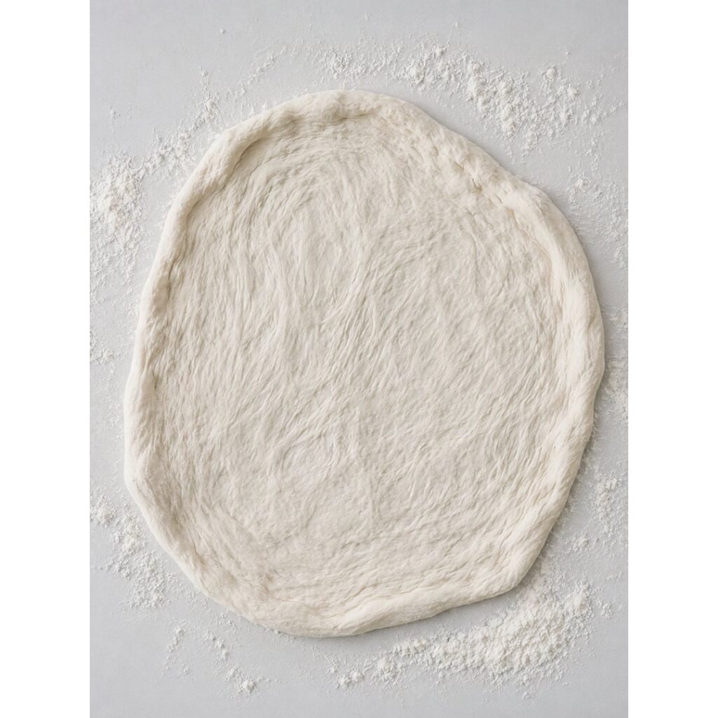 Pizza dough hand-stretched into a thin rustic round on a floured surface