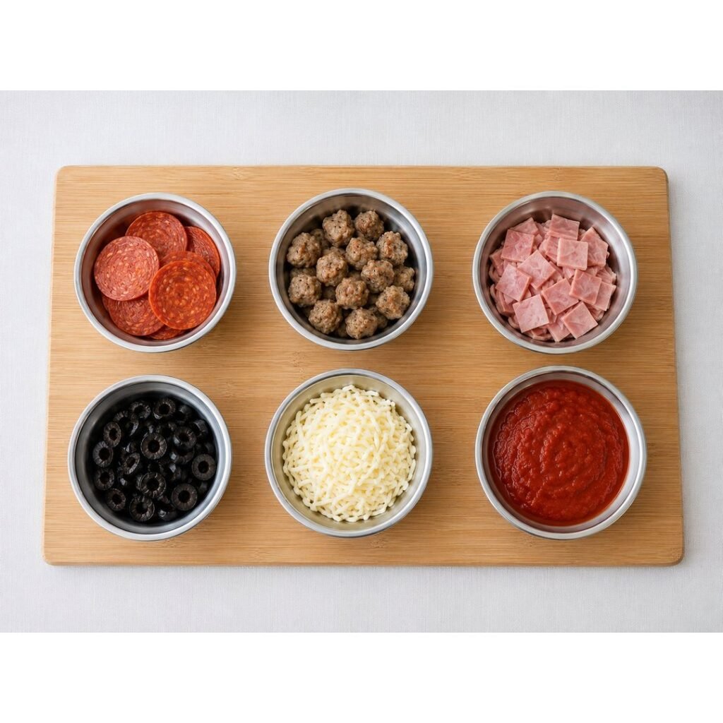 Pizza toppings in small bowls on a wooden board: pepperoni, sausage, ham, black olives, mozzarella and tomato sauce