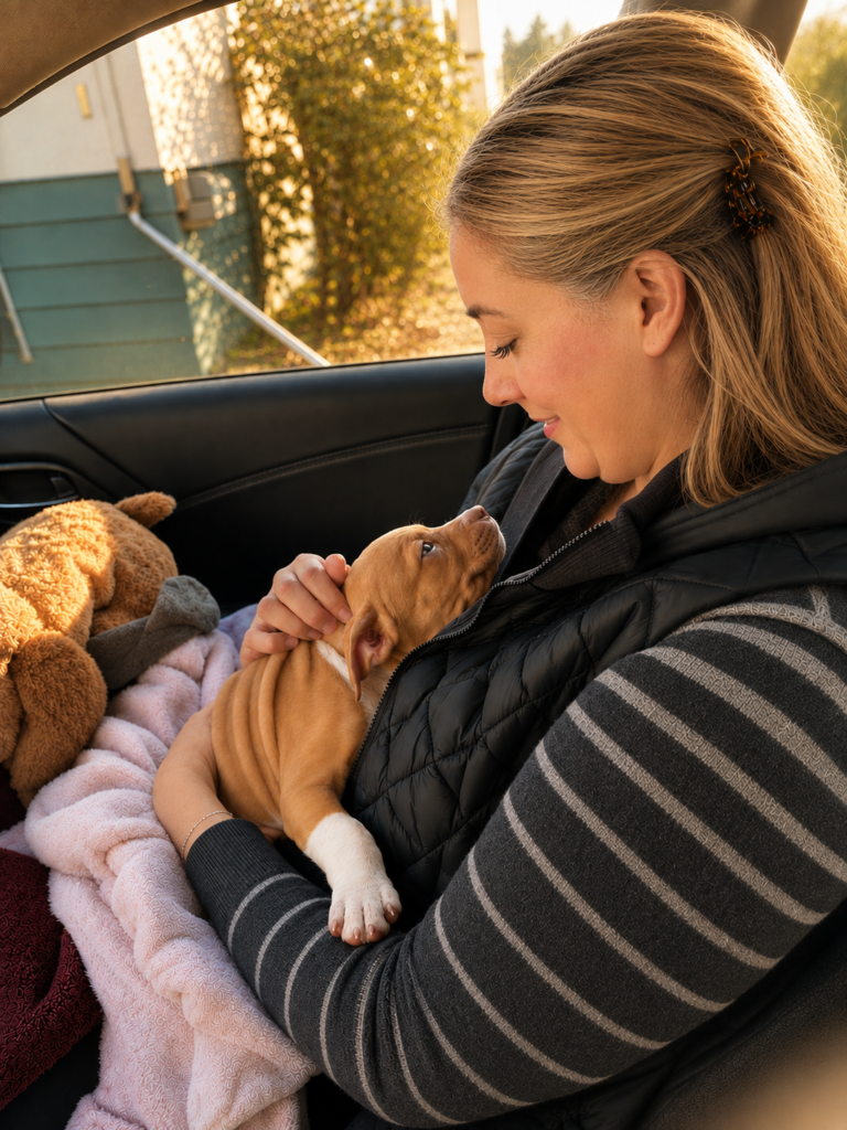 The car ride home with Bella as a tiny puppy, wrapped in a pink blanket