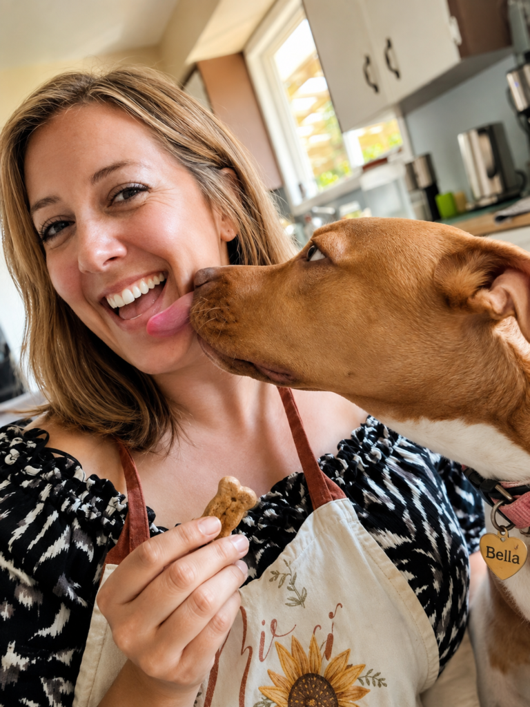 Bella licking Rockell's face while she holds a dog treat, Bella's heart-shaped name tag visible